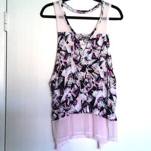 Fit to Wander Flowy Top Sleeveless Tank Plunge Sheer Mesh Trim Stretch EUC Sz XL